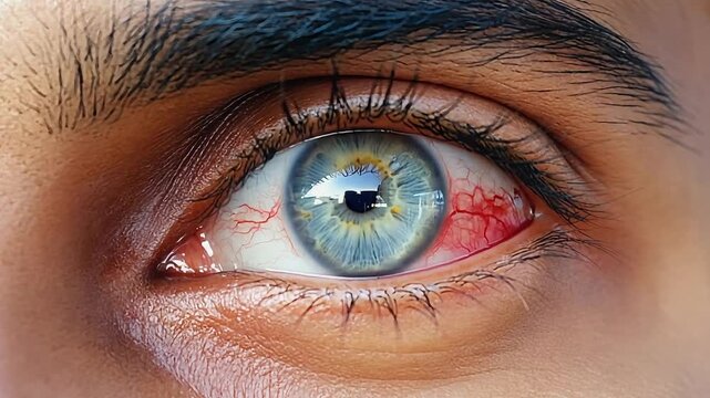 Extreme Macro of Irritated Red Human Eye with Bloodshot Capillaries and Blue Iris