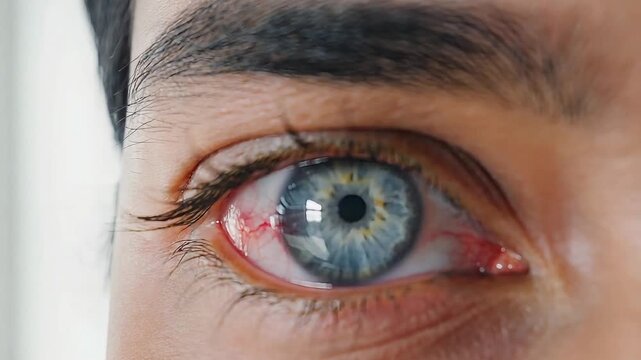 Extreme Close Up of Bloodshot Blue Eye with Visible Red Capillaries and Irritation