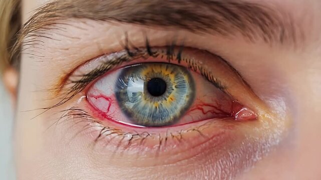 Extreme Macro of Bloodshot Human Eye with Red Capillaries and Blue Iris