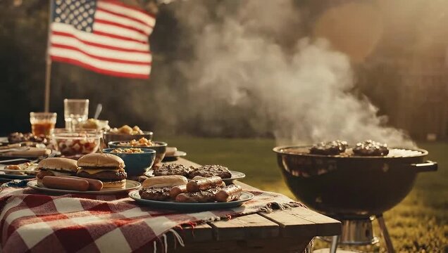 A backyard barbecue with an American flag, grill, and food on a picnic table.