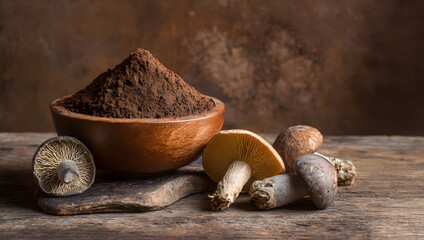 Ganoderma reishi mushroom powder in wooden bowl with wild mushrooms on rustic table against brown background photographed indoors for herbal medicine education wellness branding