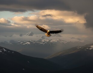 Majestic Bald Eagle Soaring in Mid-Flight Above Snow-Capped Mountains During Golden Hour
