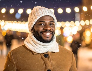 Smiling Man in Winter Wonderland - A Portrait of Joy and Warmth.
