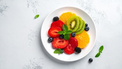 Vibrant and healthy mixed fruit platter featuring fresh strawberries, kiwi, oranges, and assorted berries, beautifully arranged on a white plate for a refreshing snack or dessert