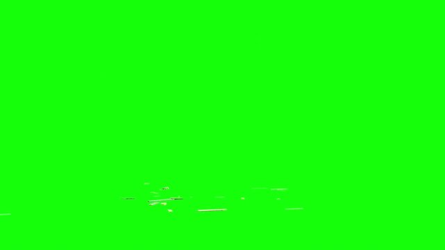 Flying debris fragments spreading through green screen background. Chroma key animation element suitable for VFX compositing, impact effects, motion graphics, and video editing.