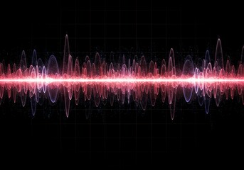 Abstract digital visualization of sine waves and rhythmic sound pulses forming a complex technological backdrop for data presentation, gradient, background, visualization