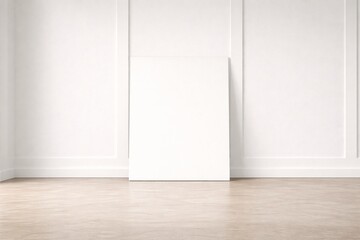 Blank Frame Leaning Against White Paneled Wall on Floor in Minimal Interior, Clean Mockup Background for Branding, Poster Display and Design Presentation