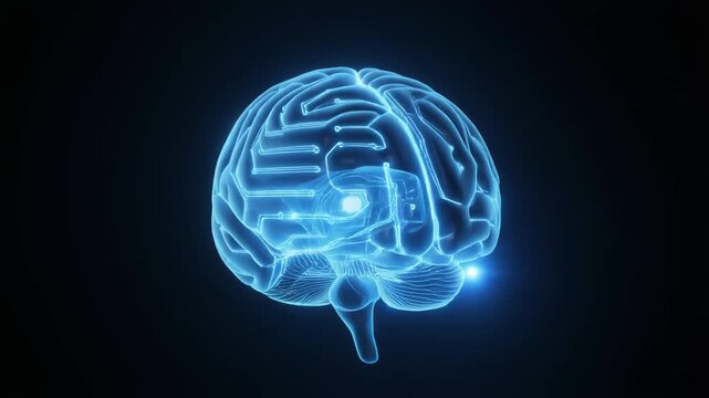 青く発光するAI脳が回転する未来映像