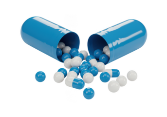 Open blue capsule with white and blue pills isolated on transparent background