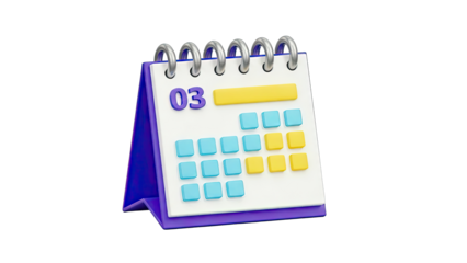 3D Desktop Calendar with Purple and Yellow Accents