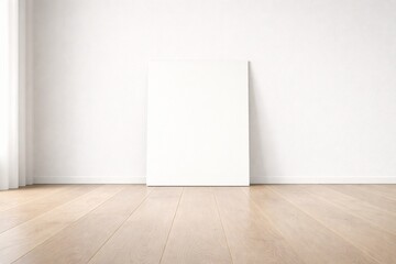 Blank Frame Leaning Against White Wall on Wooden Floor in Minimal Interior, Clean Mockup Background for Branding, Poster Display and Design Presentation