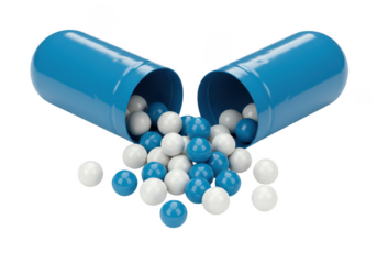 Open blue capsule with white and blue balls isolated on transparent background