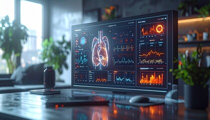 Digital health monitor displaying advanced medical diagnostics with intricate human organ visualizations and real-time physiological data analysis on a modern workstation
