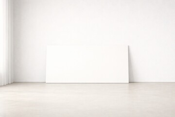 Horizontal Blank Frame Leaning Against White Wall in Minimal Interior with Soft Window Light, Clean Mockup Background for Branding, Website Banner and Design Presentation