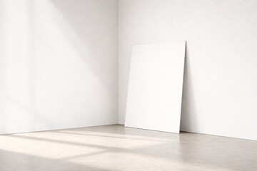 Blank Frame Leaning Against White Wall in Minimal Corner Interior with Soft Window Light, Clean Mockup Background for Branding, Art Display and Design Presentation