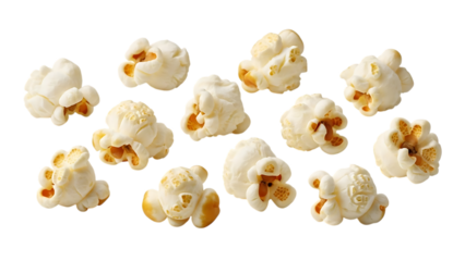 Freshly popped popcorn kernels flying through air isolated on transparent background