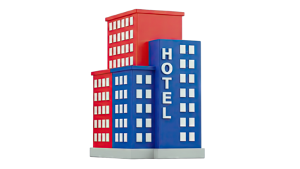 Stylized Hotel Building with Red and Blue Facades
