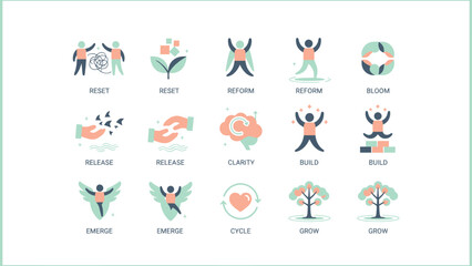 Fototapeta premium Collection of diverse icons representing human emotions and well-being.