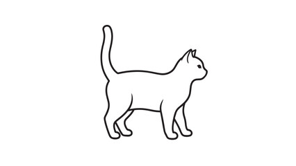 Simple black outline drawing of a standing domestic cat, isolated on a white background. Minimalist line art illustration of a feline in profile with its tail raised. © Fikri Fachry