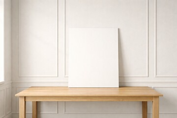Blank Canvas on Wooden Table in Minimal White Interior