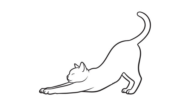 Minimalist line art vector illustration of a domestic cat stretching its body (bowing pose or downward dog) with tail up, isolated on white background.