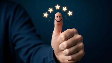 A persons thumb with a smiley face and stars on a dark background