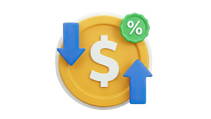 3D Icons: Dollar Sign, Up/Down Arrows, and Percentage Symbol