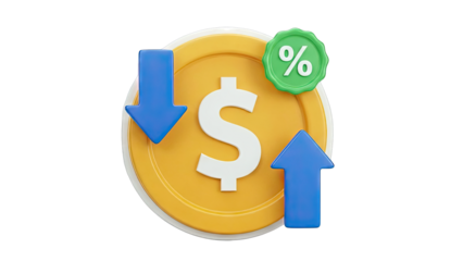 3D Icons: Dollar Sign, Up/Down Arrows, and Percentage Symbol