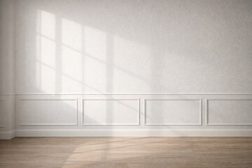 White Paneled Room with Window Grid Shadow and Wooden Floor