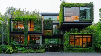 Modern, eco-friendly dwelling with lush greenery.