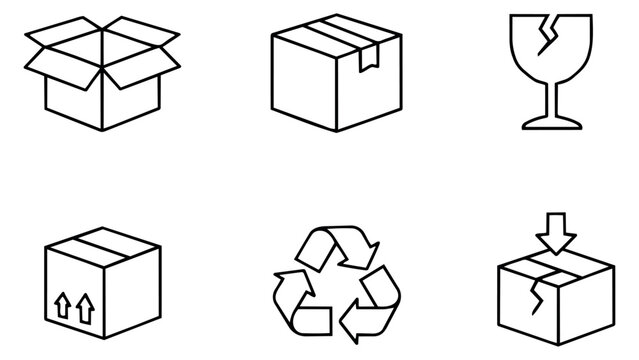 Line art packaging and shipping icon set featuring cardboard boxes, fragile, and recycling symbols for logistics and e-commerce