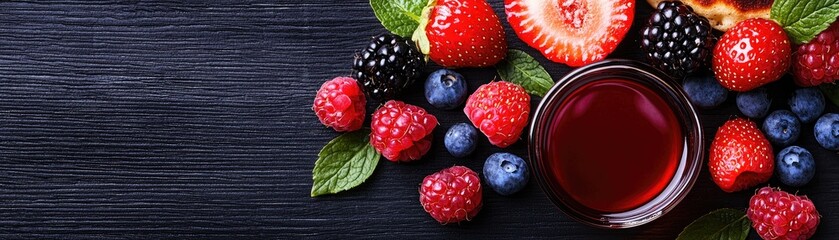 Assortment of fresh berries and juice on dark surface