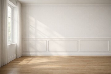 Empty White Paneled Room with Soft Window Light and Wooden Floor