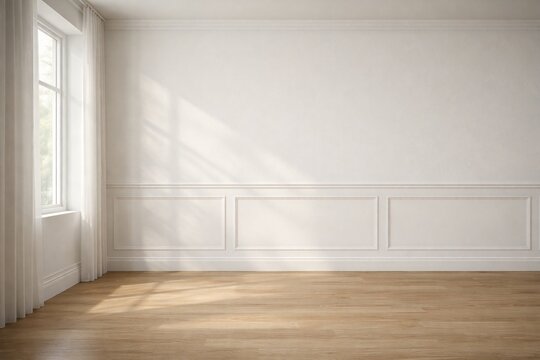 Empty White Paneled Room with Soft Window Light and Wooden Floor