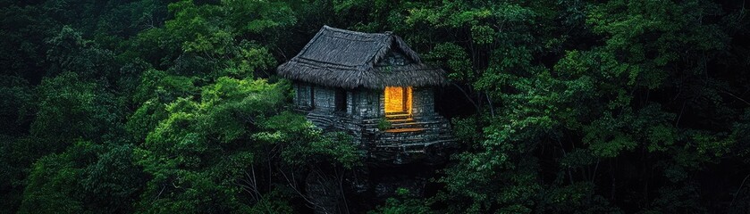 Tranquil treehouse nestled amidst dense foliage.