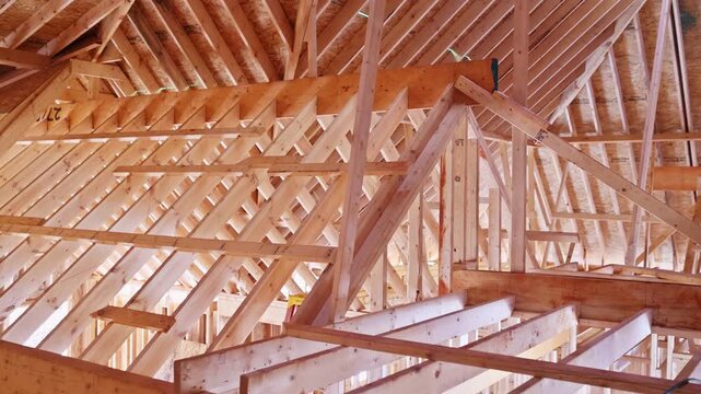 Wooden beams trusses form framework for new residential building, construction progress in design.