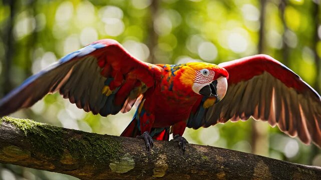 Colorful Tropical Parrots with Bright Red and Yellow Feathers in Natural Setting