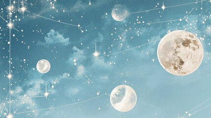 Pastel sky filled with celestial bodies and delicate lines.