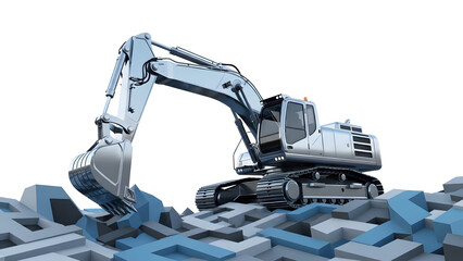 Excavator operating on a pile of industrial metal parts