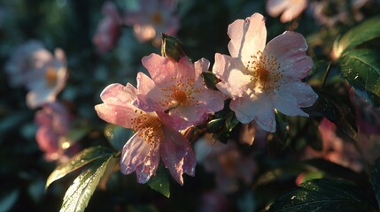Beautiful Blossoms with Dewdrops Delicate Pink and White Flowers Surrounded by Lush Green Leaves in Early Morning Light