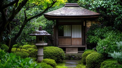 Lush garden with traditional Japanese gazebo.