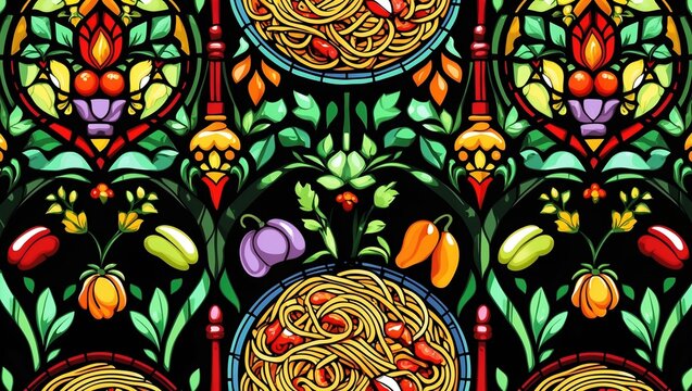 Vibrant stained glass artwork featuring colorful bowls of spaghetti with herbs and vegetables, surrounded by intricate floral patterns