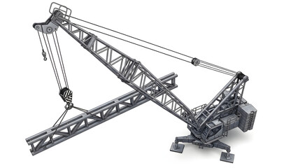 A large metal crane is positioned on a plain white background