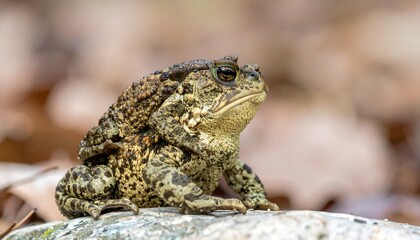 Warty textured toad sitting on a light grey rock with a blurry brown leaf background in natural lighting