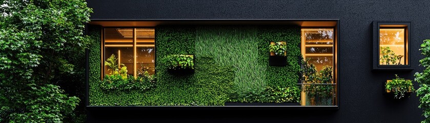 Modern facade with a green wall and recessed windows.
