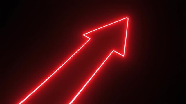 High-quality 4K video of a red glowing neon arrow appearing smoothly, representing rising stock prices and positive financial trends