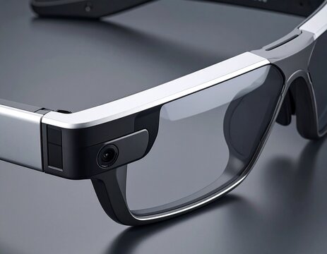 Imagen para publicidad de gafas tecnol&oacute;gicas, Mockup para app de realidad aumentada, Fotograf&iacute;a de producto minimalista, Primer plano de gafas inteligentes con c&aacute;mara y pantalla