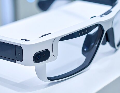 Imagen para publicidad de gafas tecnol&oacute;gicas, Mockup para app de realidad aumentada, Fotograf&iacute;a de producto minimalista, Primer plano de gafas inteligentes con c&aacute;mara y pantalla