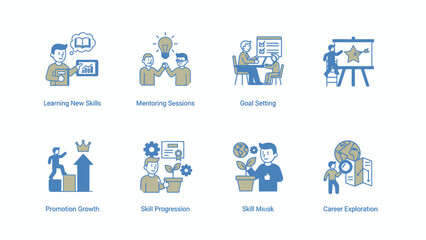 Collection of Flat Icons Representing Career Development and Skills.