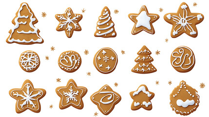 Collection of festive gingerbread cookies decorated with white icing in Christmas shapes perfect for holiday design and baking
